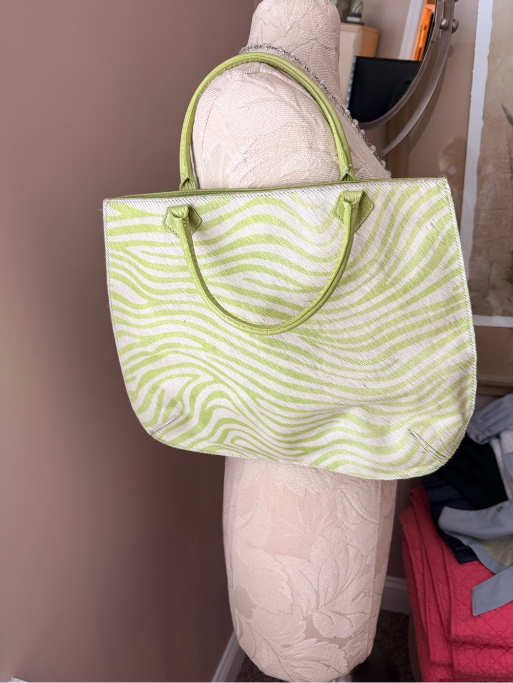 Mauricio Taiuti laather and calf hair light lime green bag. Very rare
